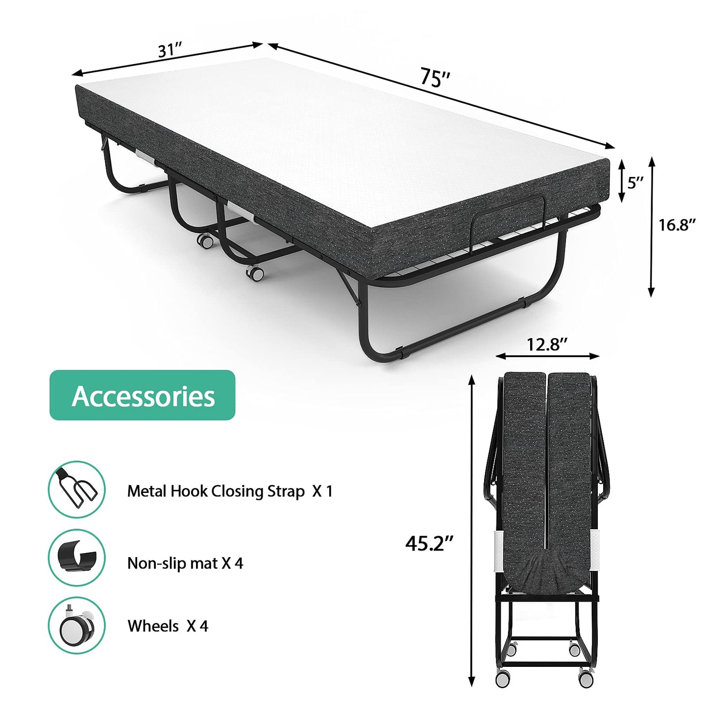 Foxemart Folding Bed with Mattress Portable Foldable Guest Beds Cot Size Rollaway Beds for Adults with Luxurious Memory 5 Inch Foam Mattress and Super Sturdy Frame, 75 x 31 Inch